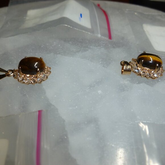 18K Gold Electroplate Tiger's Eye Swarovski Crystals Pendant - Picture 16 of 16